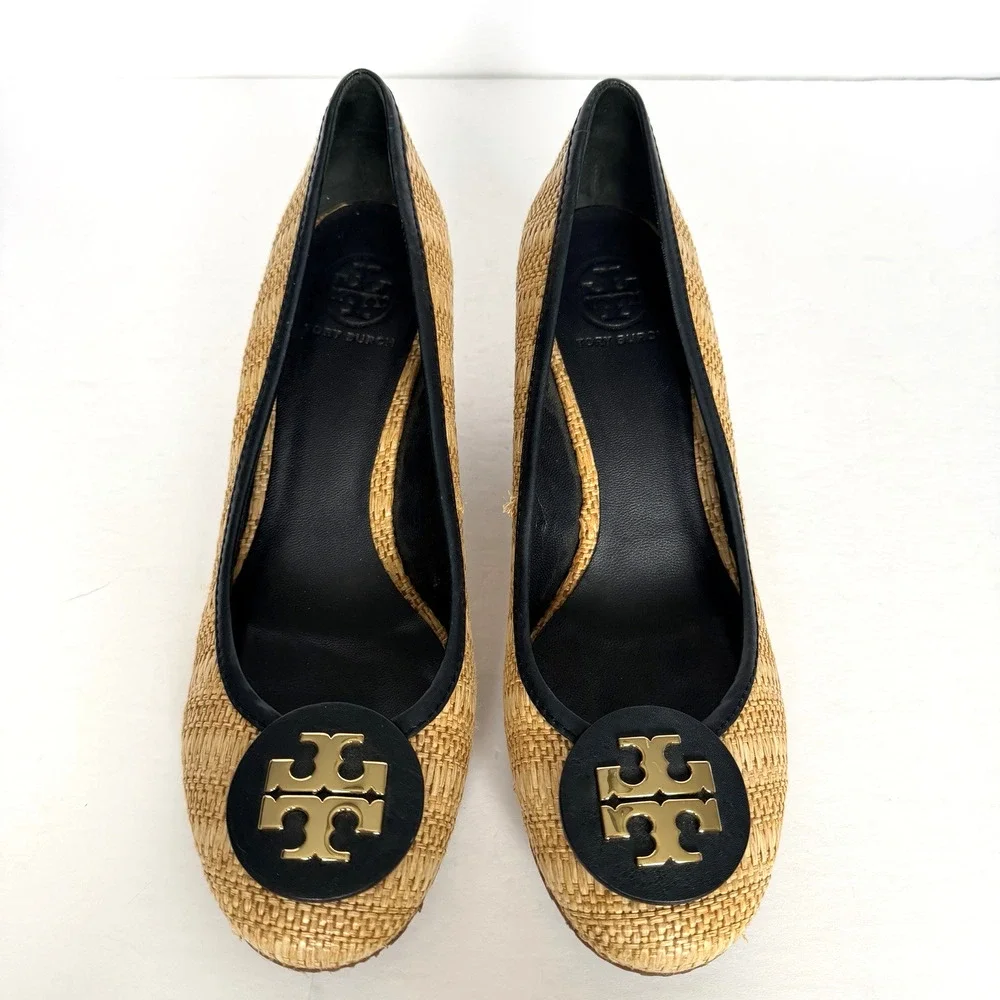 Tory Burch Sally Raffia Wedge Heel Shoes Size 11 Black Leather Lg Logo Career